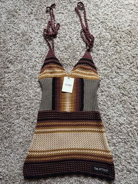 The Attico Crochet Slip Dress in Brown, Mustard & Cream